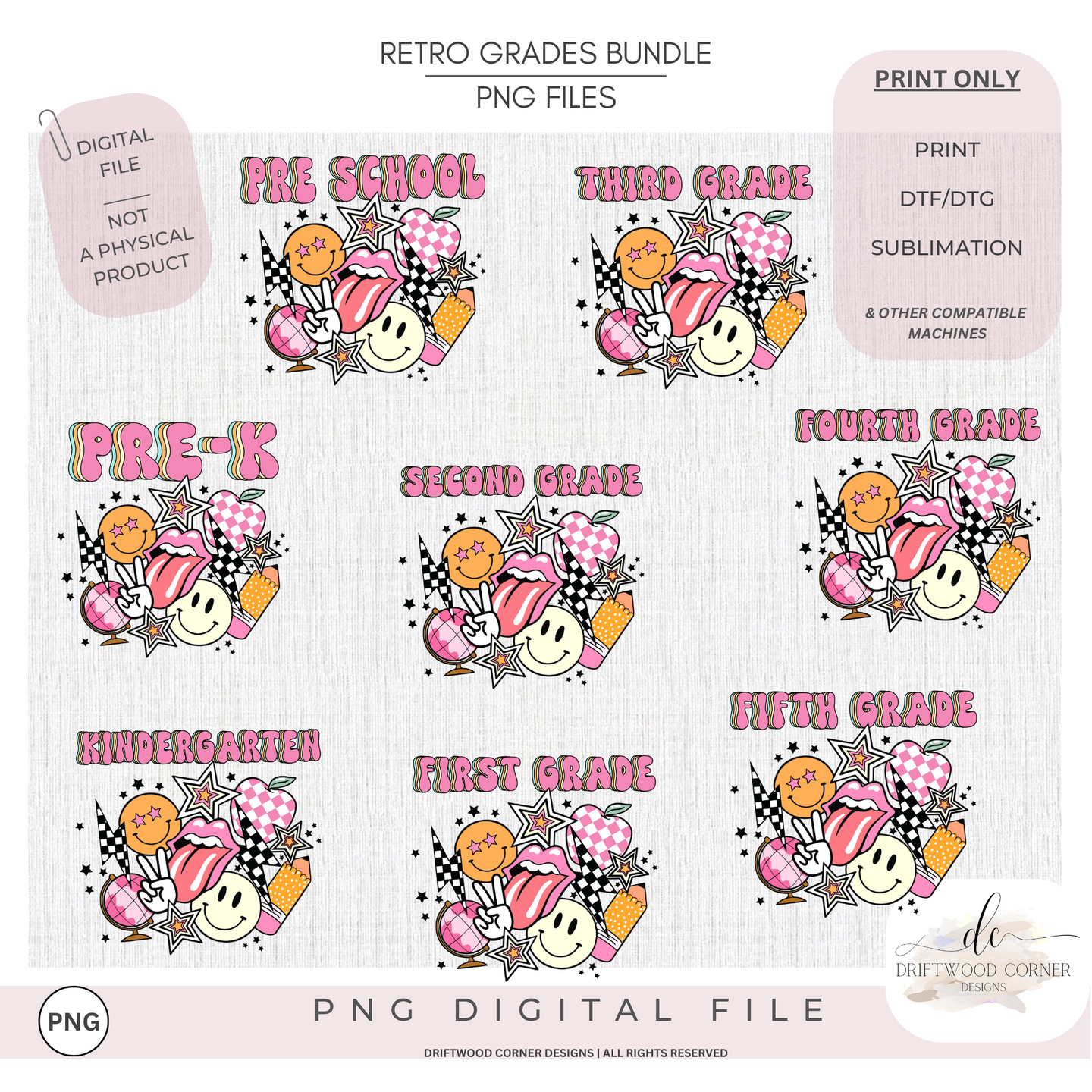 *BEST SELLER* Retro Disco Smiley Grades Preschool/Pre-K-5 checkered PNG Graphic Bundle.